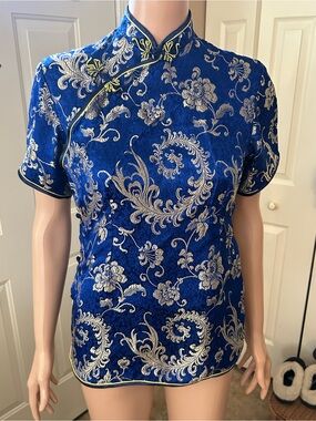 Golden Dragon Blue Floral Brocade Mandarin Collar Top size XL